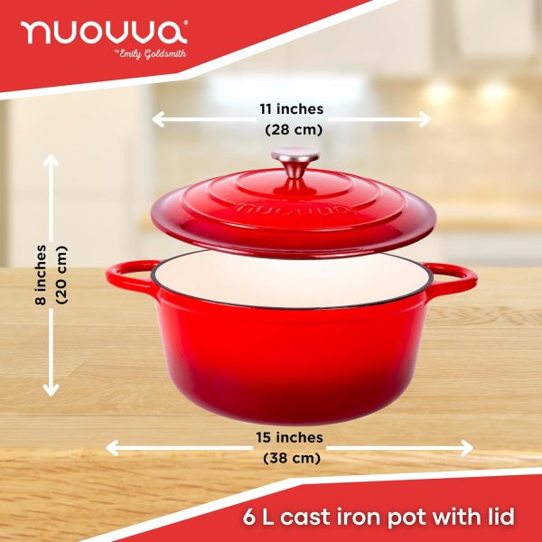 Cast Iron Dutch Oven with Lid – Non-Stick Ovenproof Enamelled Casserole Pot, Oven Safe up to 500° F – Sturdy Dutch Oven Cookware – Red, 6.4-Quart, 28cm – by Nuovva - Image 2