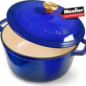 Mueller 6qt Enameled Cast Iron Dutch Oven, Heavy-Duty Casserole and Braiser Pan with Lid and Knob, Safe for All Cooktops - Blue