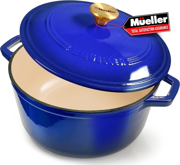 Mueller 6qt Enameled Cast Iron Dutch Oven, Heavy-Duty Casserole and Braiser Pan with Lid and Knob, Safe for All Cooktops - Blue