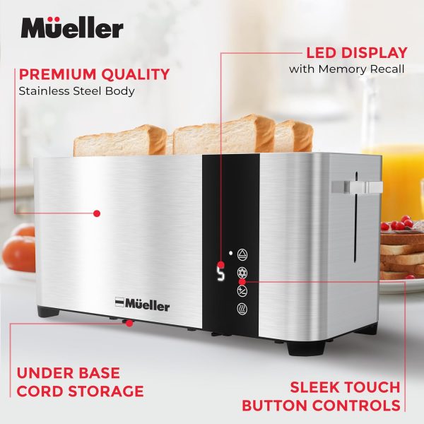 Mueller UltraToast Full Stainless Steel Toaster 4 Slice, Long Extra-Wide Slots with Removable Tray, Cancel/Defrost/Reheat Functions, 6 Browning Levels with LED Display, Kitchen Essentials & Gadgets - Image 5