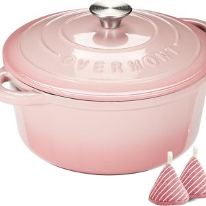 Overmont Enameled Cast Iron Dutch Oven - 5.5QT Pot with Lid Cookbook & Cotton Potholders - Heavy-Duty Cookware for Braising, Stews, Roasting, Bread Baking pink
