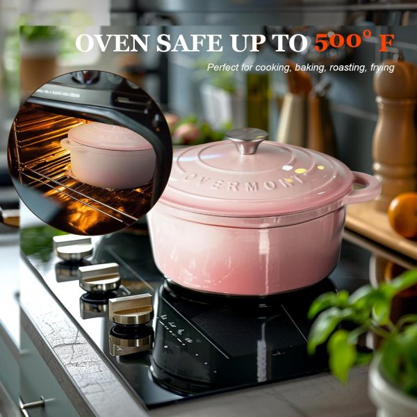 Overmont Enameled Cast Iron Dutch Oven - 5.5QT Pot with Lid Cookbook & Cotton Potholders - Heavy-Duty Cookware for Braising, Stews, Roasting, Bread Baking pink - Image 4