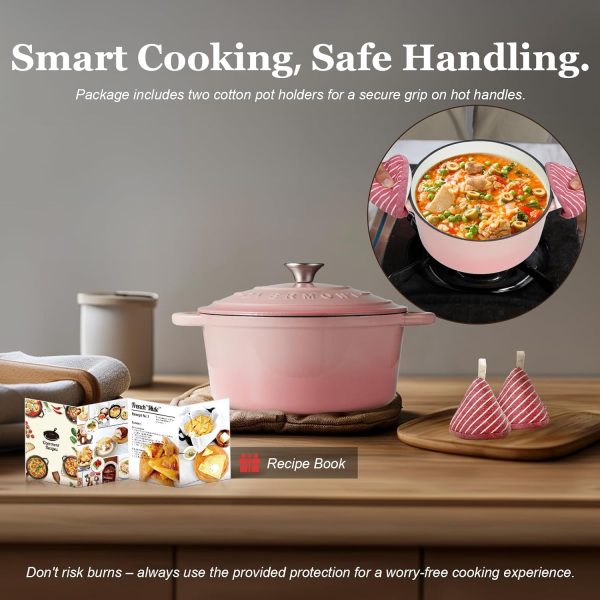 Overmont Enameled Cast Iron Dutch Oven - 5.5QT Pot with Lid Cookbook & Cotton Potholders - Heavy-Duty Cookware for Braising, Stews, Roasting, Bread Baking pink - Image 6
